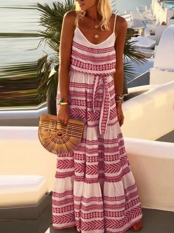 Bohemian Deep V-Neck Printed Maxi Sundress – Sleeveless, Flowy Fit