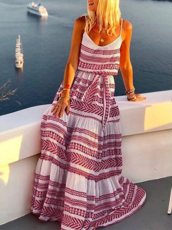 Bohemian Deep V-Neck Printed Maxi Sundress – Sleeveless, Flowy Fit