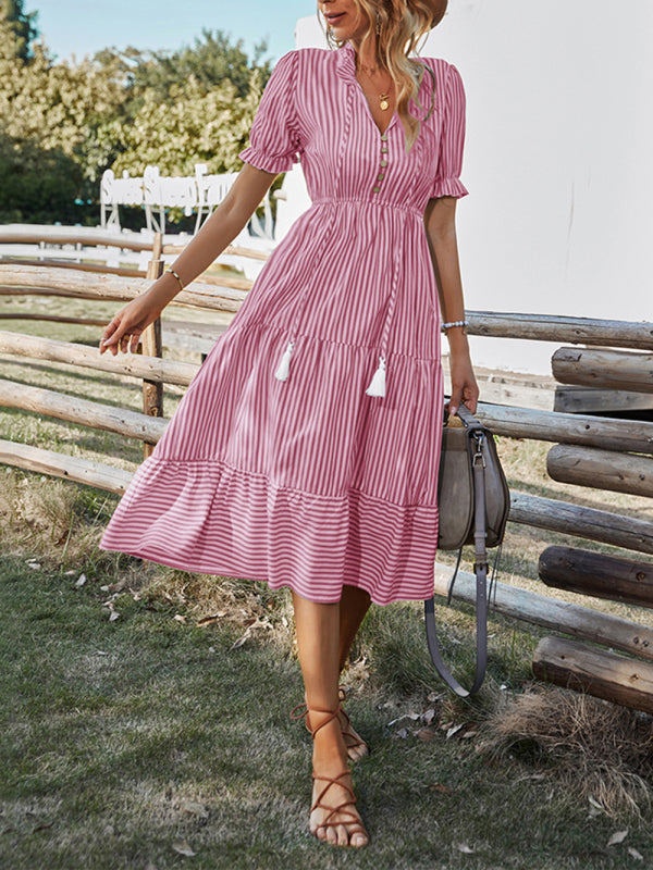 Striped V-Neck Puff Sleeve Dress – Waist Tie & Casual Fit
