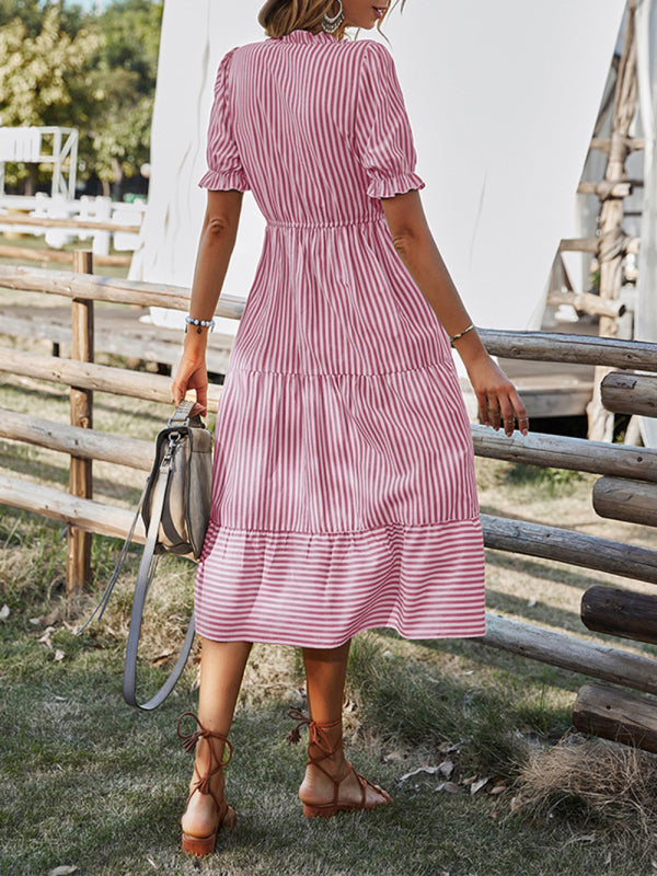 Striped V-Neck Puff Sleeve Dress – Waist Tie & Casual Fit