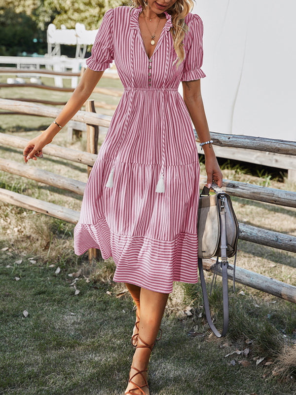 Striped V-Neck Puff Sleeve Dress – Waist Tie & Casual Fit