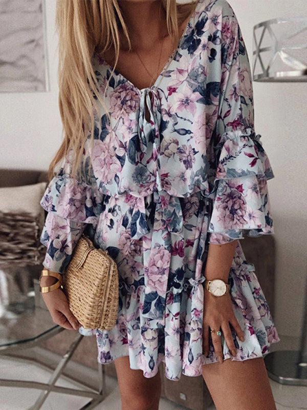 Floral Slimming Chiffon Midi Dress – Pink V-Neck Pullover with 3/4 Sleeves