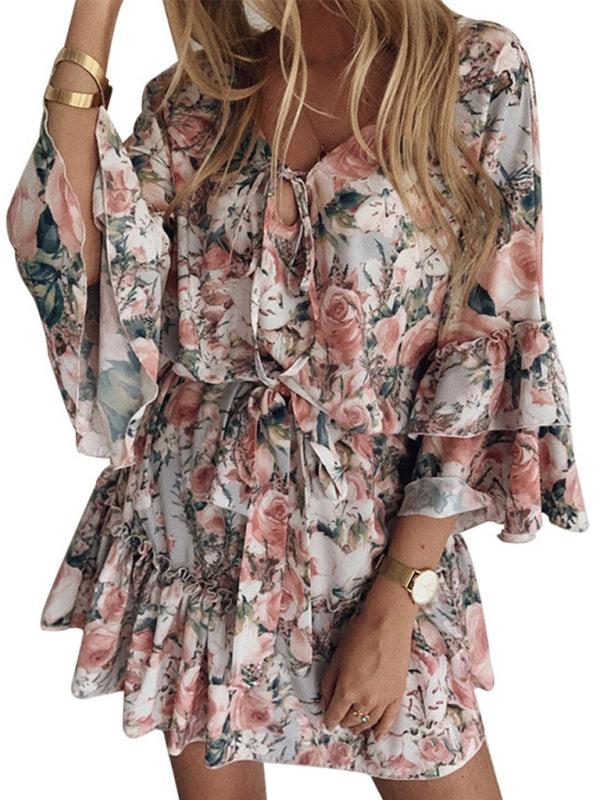 Floral Slimming Chiffon Midi Dress – Pink V-Neck Pullover with 3/4 Sleeves