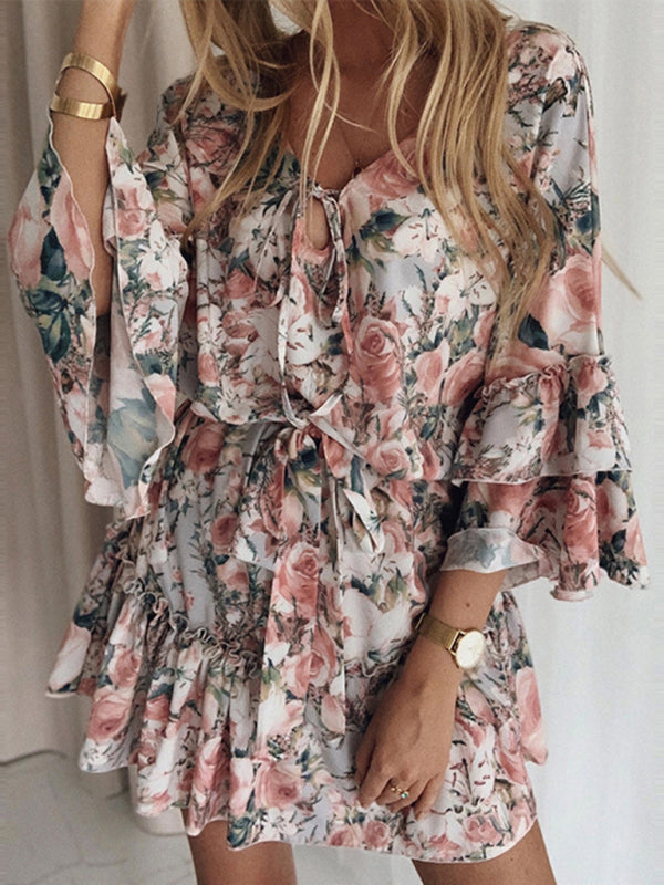 Floral Slimming Chiffon Midi Dress – Pink V-Neck Pullover with 3/4 Sleeves