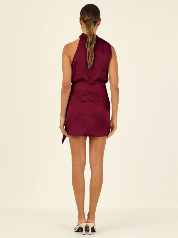 Satin Halter Neck Mini Dress – Slim-Fit Woven Sleeveless Party Look