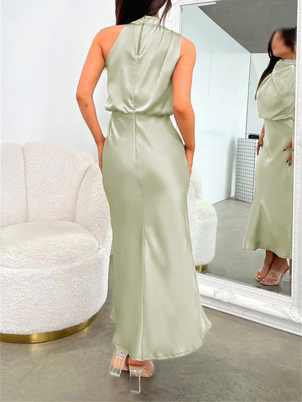 Woven Halter Satin Strap Mid-Length Dress – Slim Fit, Elegant Summer Style