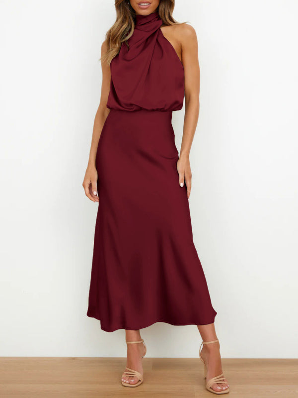 Woven Halter Satin Strap Mid-Length Dress – Slim Fit, Elegant Summer Style Wine Red