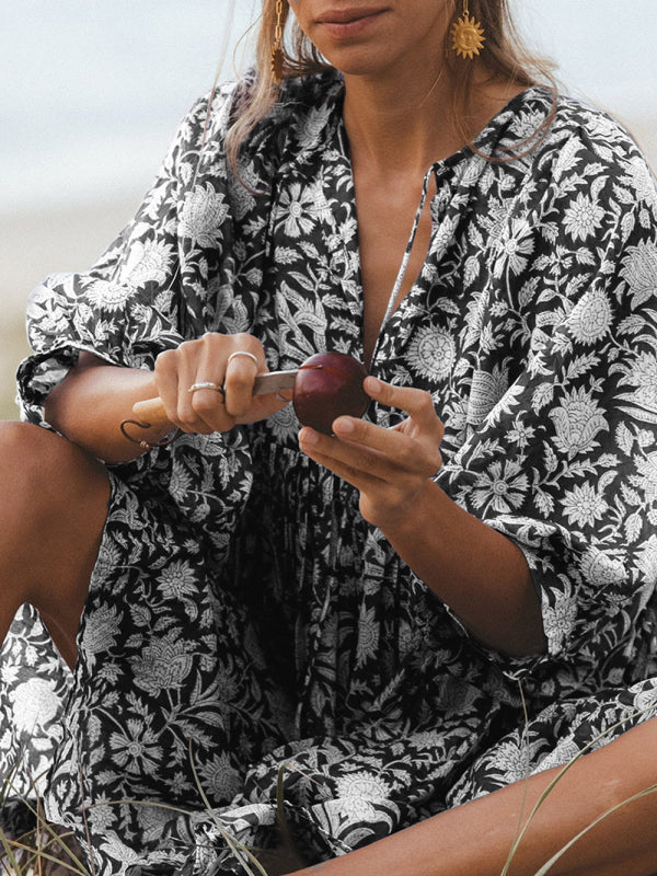 Floral Woven Loose Boho Dress – V-Neck with Lantern Sleeves & String Tie