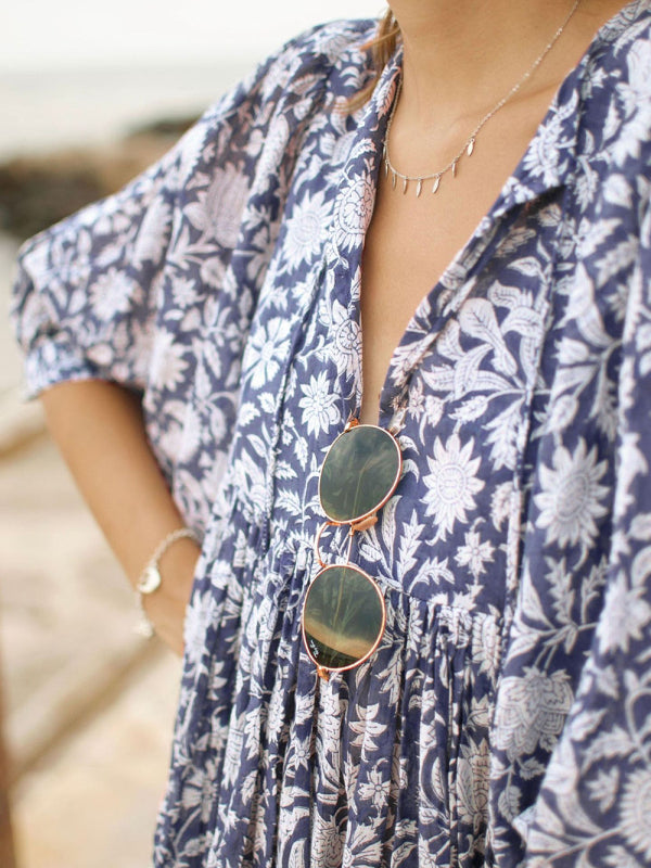Floral Woven Loose Boho Dress – V-Neck with Lantern Sleeves & String Tie