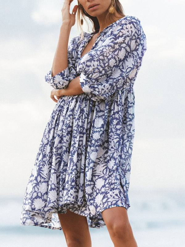 Floral Woven Loose Boho Dress – V-Neck with Lantern Sleeves & String Tie