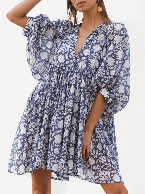 Floral Woven Loose Boho Dress – V-Neck with Lantern Sleeves & String Tie
