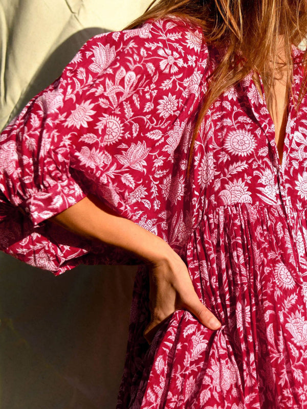 Floral Woven Loose Boho Dress – V-Neck with Lantern Sleeves & String Tie