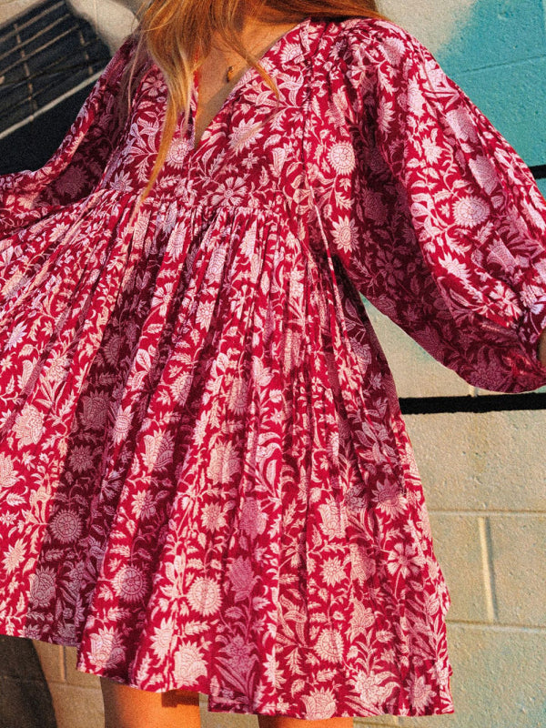 Floral Woven Loose Boho Dress – V-Neck with Lantern Sleeves & String Tie