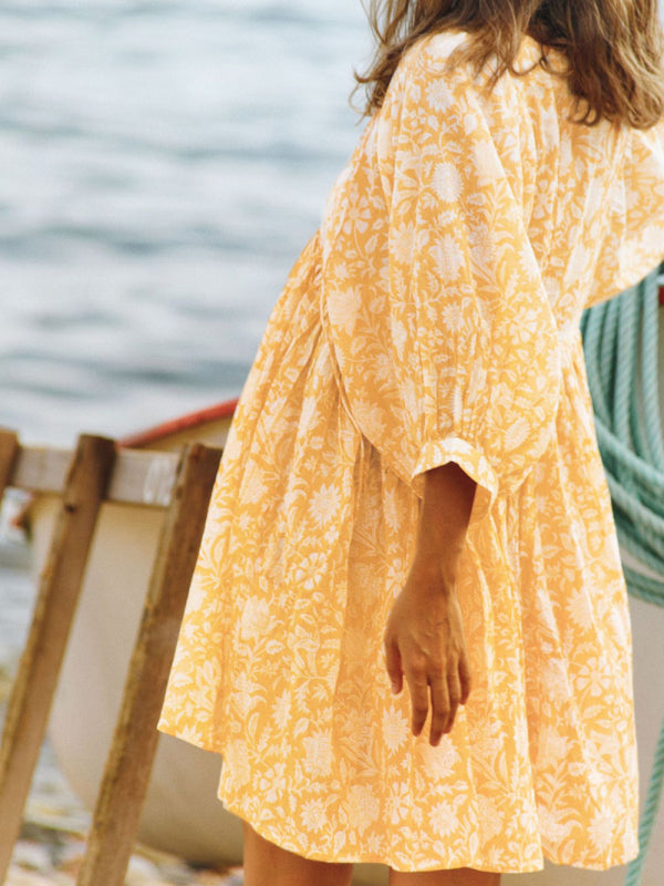 Floral Woven Loose Boho Dress – V-Neck with Lantern Sleeves & String Tie