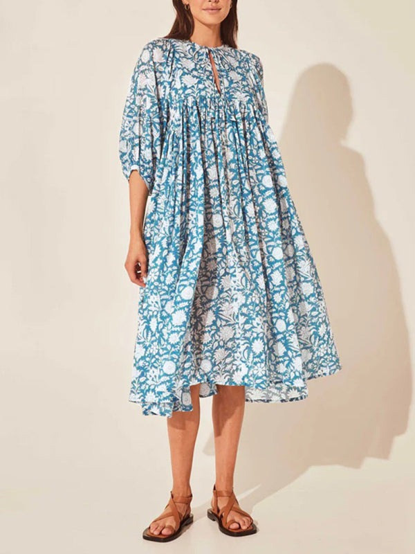 Floral Boho Long Sleeve Dress – High Waist, V-Neck, Lantern Sleeves