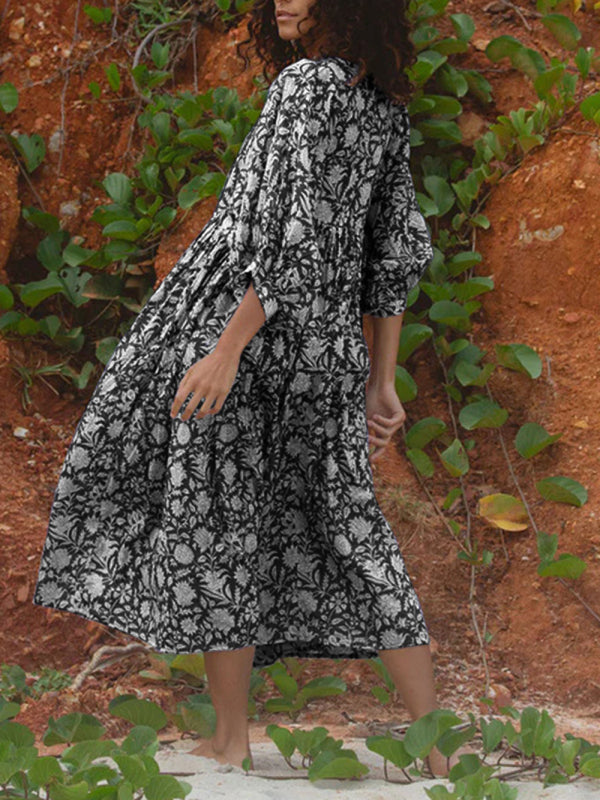 Floral Boho Long Sleeve Dress – High Waist, V-Neck, Lantern Sleeves