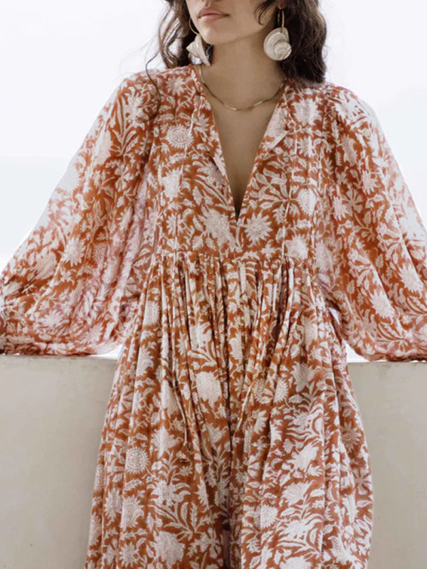 Floral Boho Long Sleeve Dress – High Waist, V-Neck, Lantern Sleeves