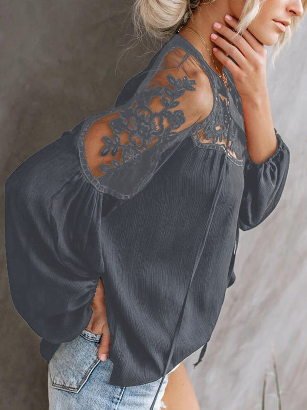 Sheer Lace V-Neck Long Sleeve Blouse