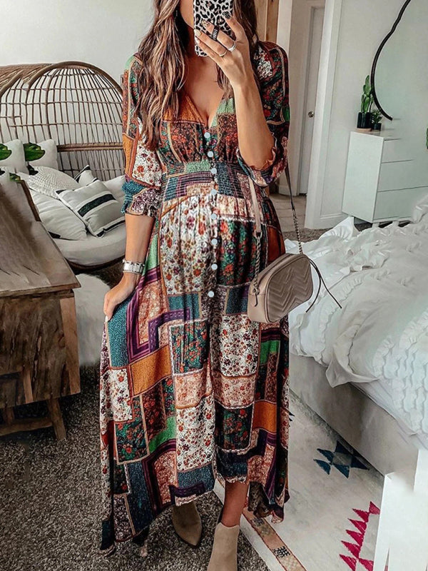 Bohemian V-Neck Long Sleeve Maxi Beach Dress – Earthy Brown Print