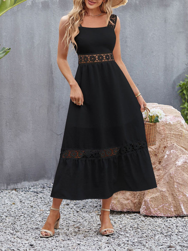 Lace Stitch Square Neck Sleeveless Summer Dress – Flowy Fit, Vacation Ready Black