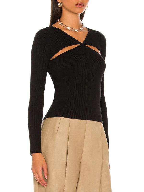 Elegant Hollow Knit V-Neck Blouse – Short Length