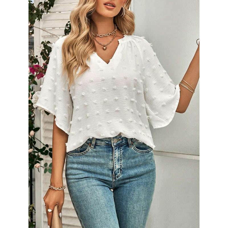 v-neck-pom-pom-woven-top-–-dropped-shoulder-short-sleeve-casual-teesmiling-maria---everything-for-women-34654971