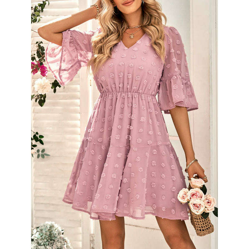 v-neck-short-sleeve-waist-dress-–-solid-color-graceful-fit-for-springsummersmiling-maria---everything-for-women-34654823