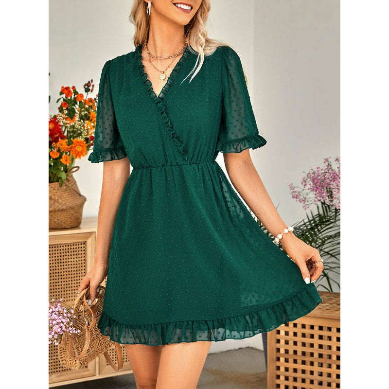 v-neck-short-sleeve-solid-color-dress-with-fur-ball-detail-–-graceful-spring-looksmiling-maria---everything-for-women-34654784