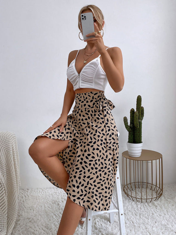 Polka Dot High-Waist Slit Skirt