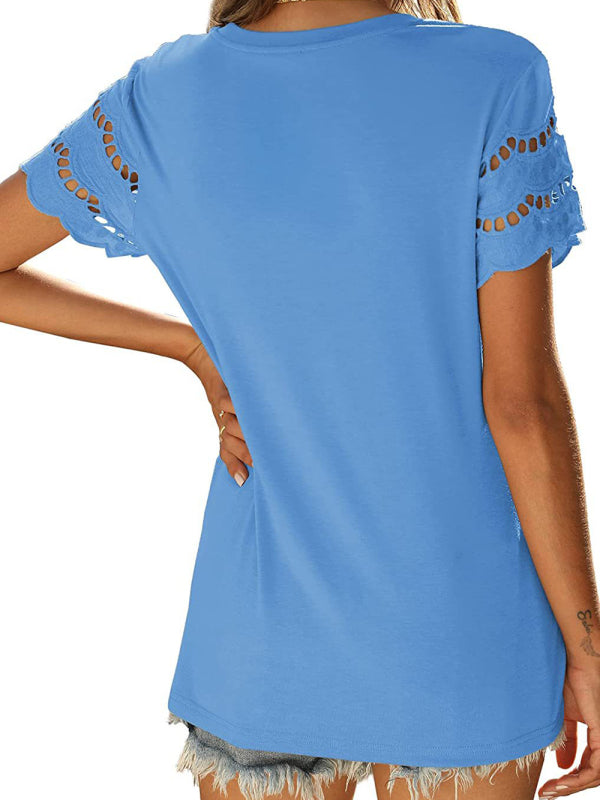 Summer new lace stitching short-sleeved T-shirt round neck top