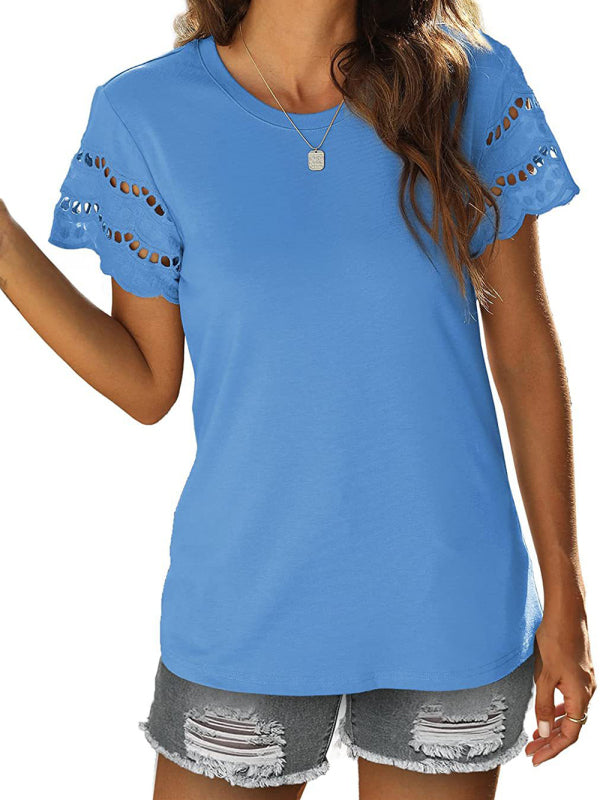 Summer new lace stitching short-sleeved T-shirt round neck top