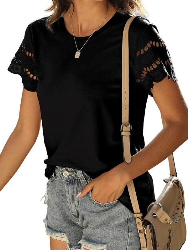 Summer new lace stitching short-sleeved T-shirt round neck top