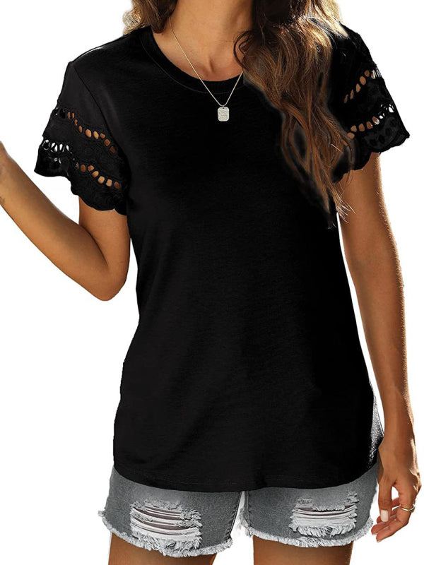 Summer new lace stitching short-sleeved T-shirt round neck top