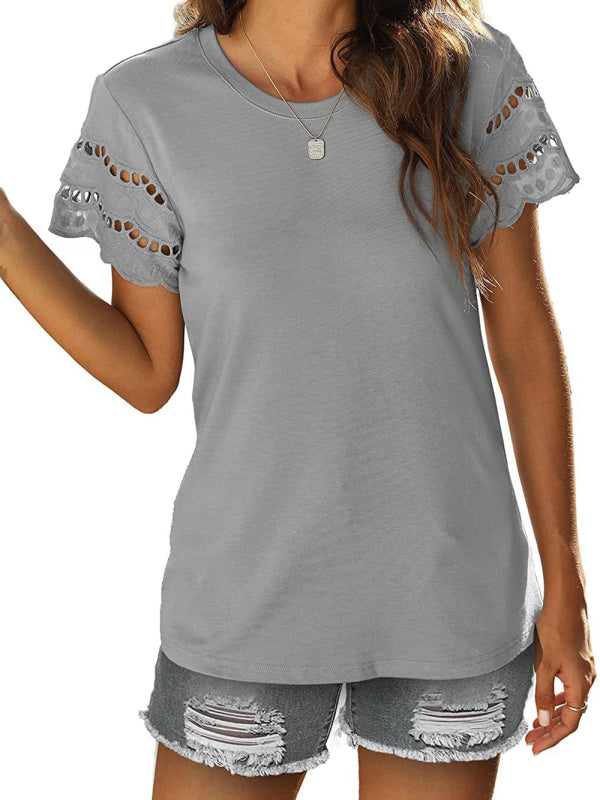 Summer new lace stitching short-sleeved T-shirt round neck top