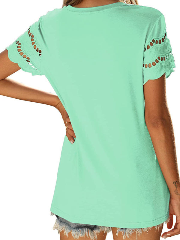Summer new lace stitching short-sleeved T-shirt round neck top