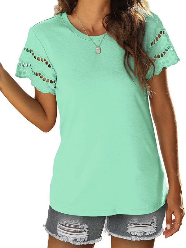 Summer new lace stitching short-sleeved T-shirt round neck top