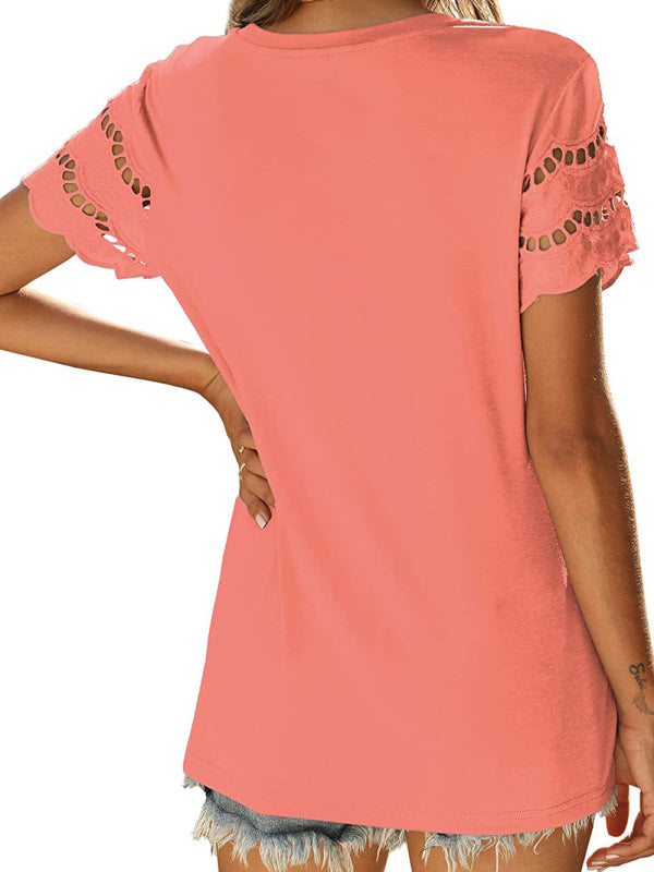 Summer new lace stitching short-sleeved T-shirt round neck top