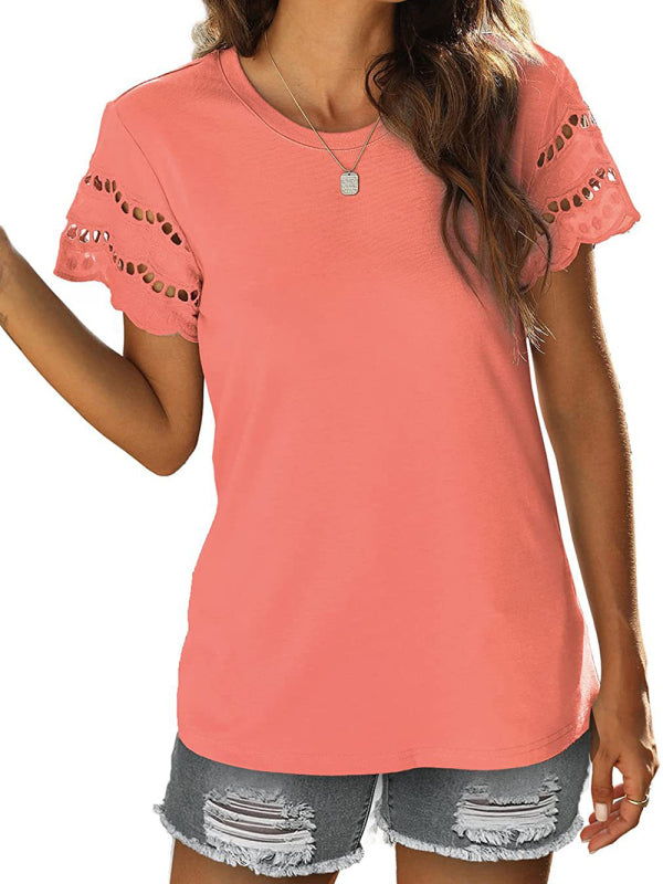 Summer new lace stitching short-sleeved T-shirt round neck top