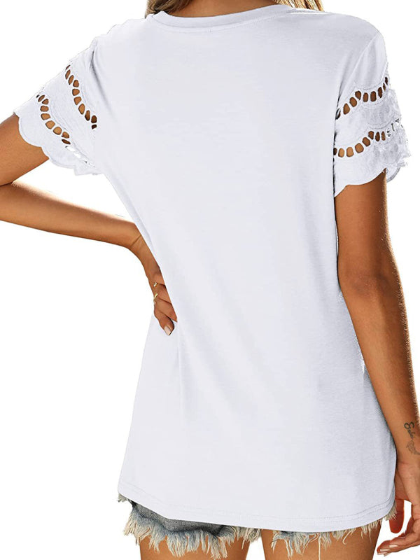 Summer new lace stitching short-sleeved T-shirt round neck top