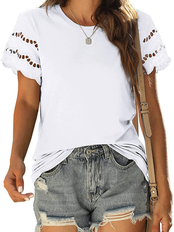 Summer new lace stitching short-sleeved T-shirt round neck top