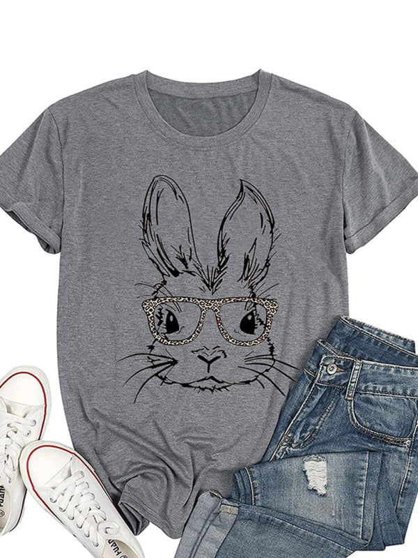 New Ladies Leopard Bunny Easter Explosion Style Urban Casual Short-sleeved T-Shirt Top