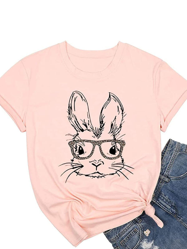 New Ladies Leopard Bunny Easter Explosion Style Urban Casual Short-sleeved T-Shirt Top