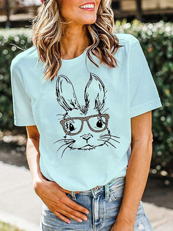 New Ladies Leopard Bunny Easter Explosion Style Urban Casual Short-sleeved T-Shirt Top