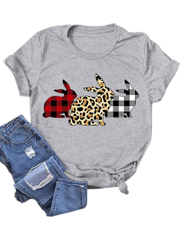 New Ladies Leopard Bunny Easter Explosion Style Urban Casual Short-sleeved T-Shirt Top