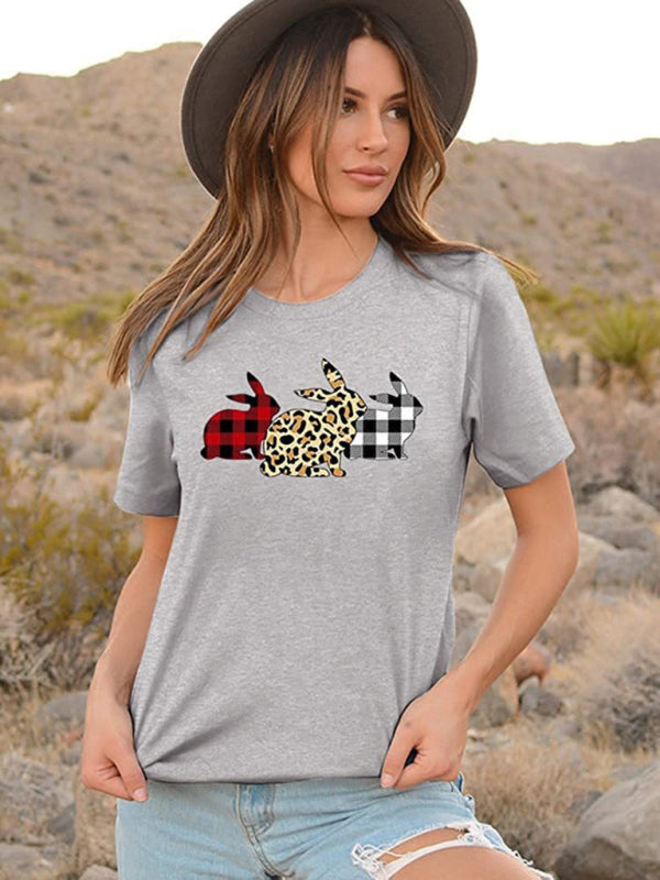 New Ladies Leopard Bunny Easter Explosion Style Urban Casual Short-sleeved T-Shirt Top