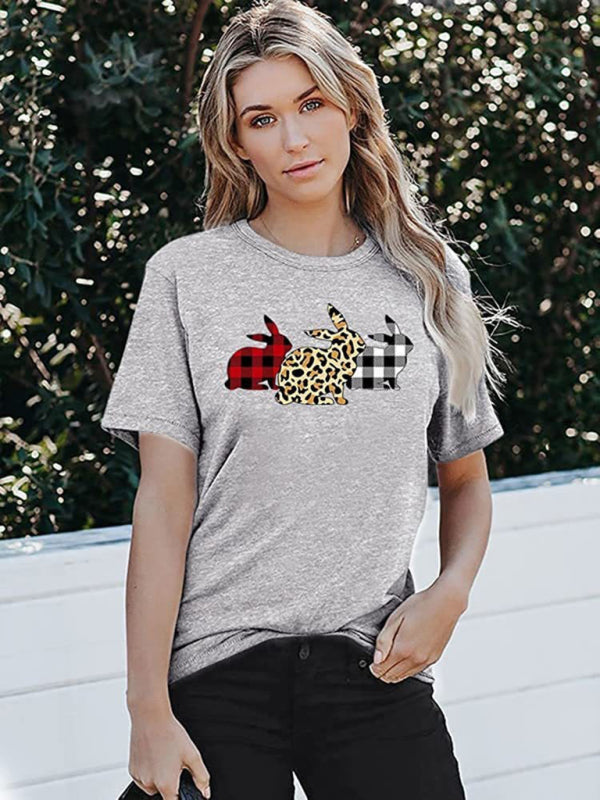 New Ladies Leopard Bunny Easter Explosion Style Urban Casual Short-sleeved T-Shirt Top