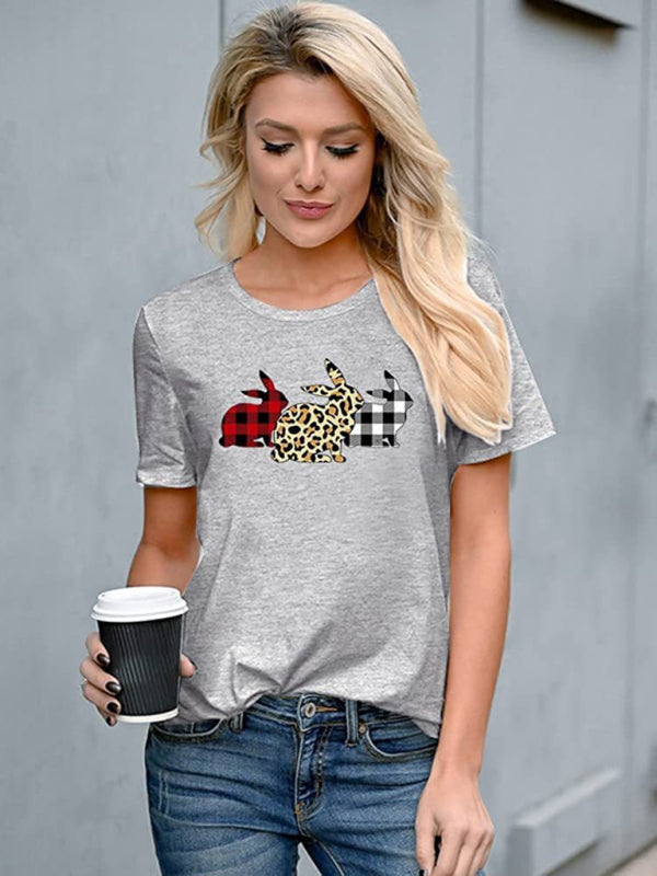 New Ladies Leopard Bunny Easter Explosion Style Urban Casual Short-sleeved T-Shirt Top