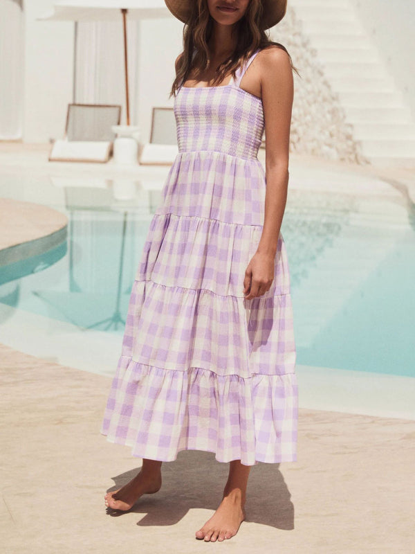 Plaid Swing Sling Dress – Lightweight Sleeveless Summer Style Purple