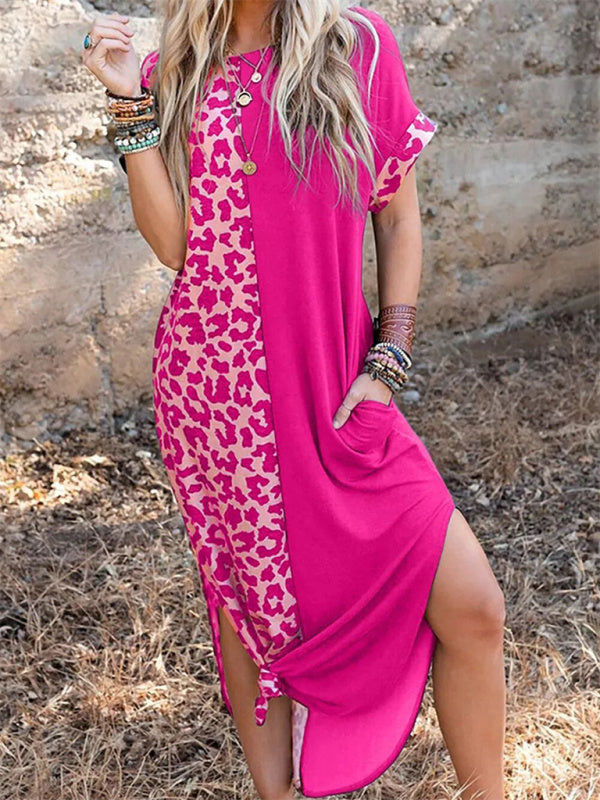 Leopard Print Round Neck Bodycon Maxi Dress – Short Sleeve, Knit Fabric
