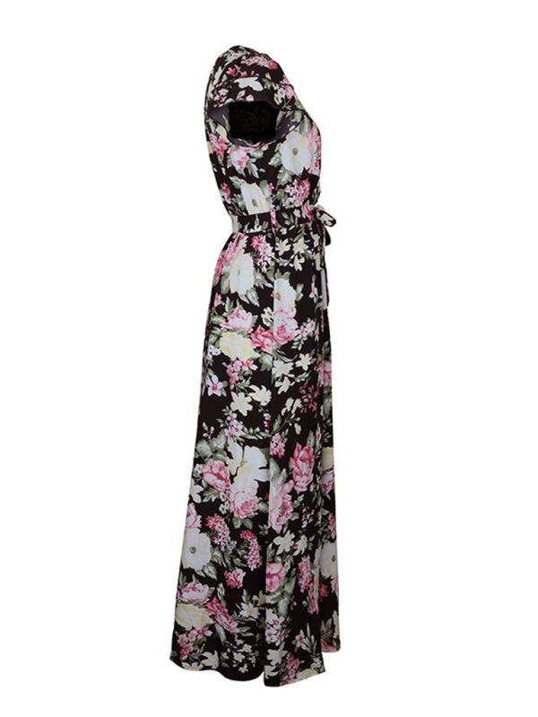 Floral Mid-Length Slit Dress – Sleeveless V-Neck for Summer Vacations